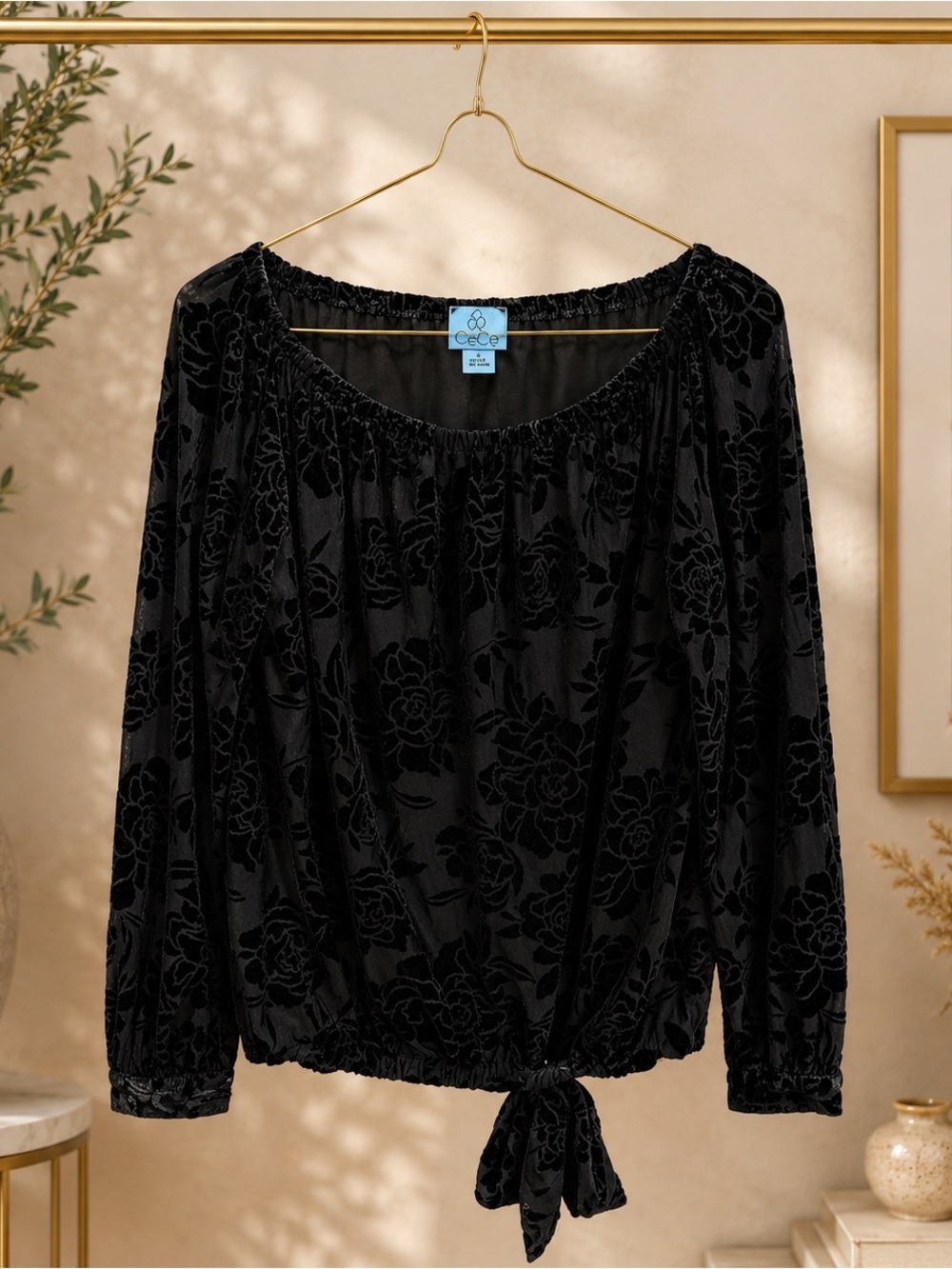 CeCe Black Velvet Burnout Floral Tie Front Blouse Women’s Small Long Sleeve
